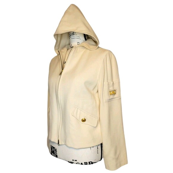 Ralph Lauren LRL Worsted Wool Hooded Jacket Blazer Womens PM Petite Ivory Gold - Picture 1 of 11